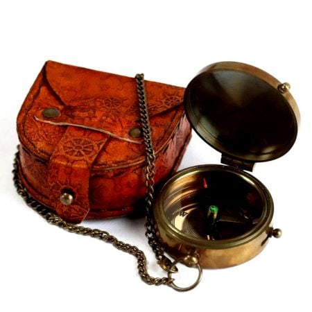 Brass Pocket Compass with Leather Case Chain